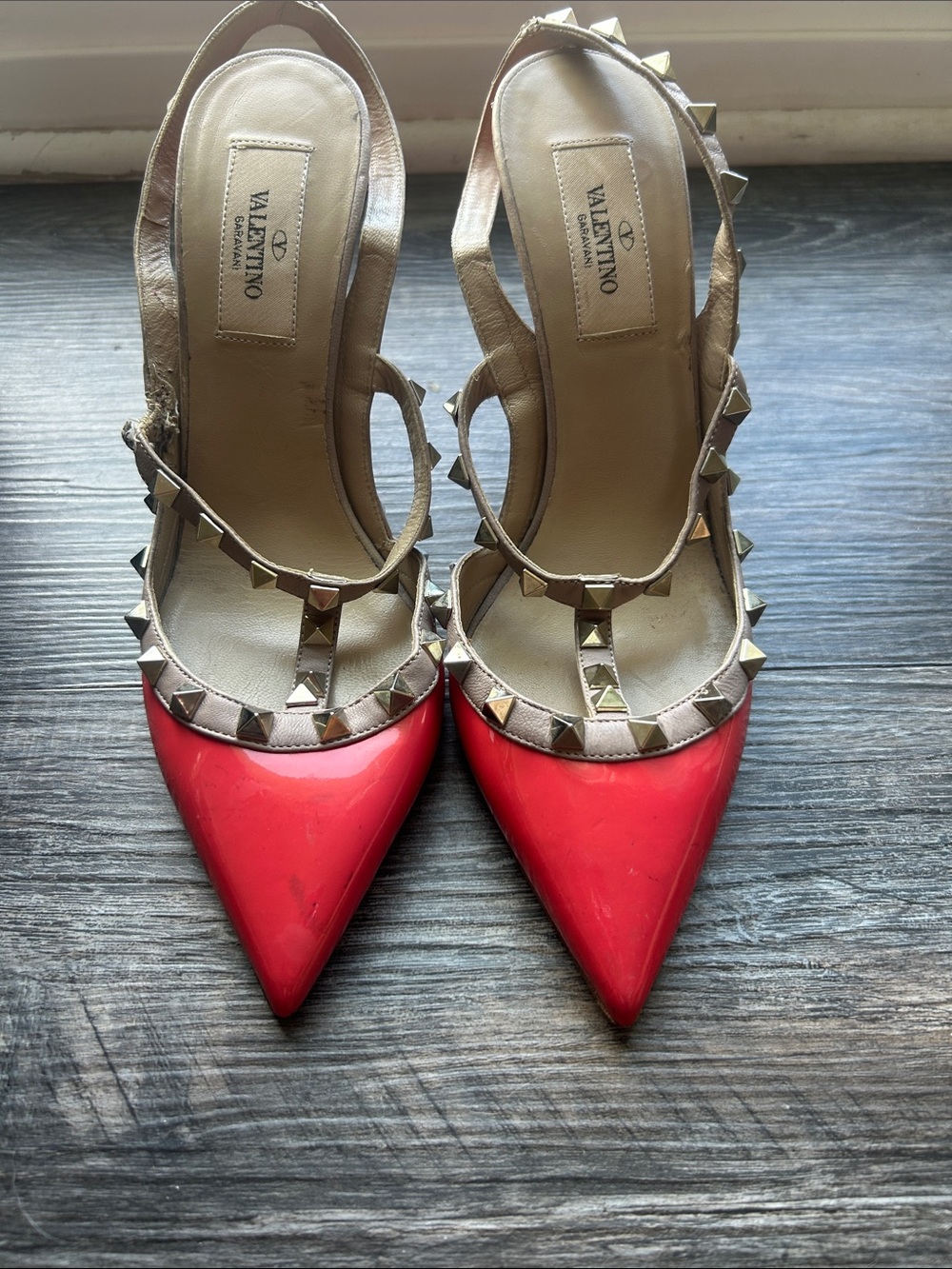 Valentino Coral Red Patent Leather Rockstud Slingbacks with Gold Straps